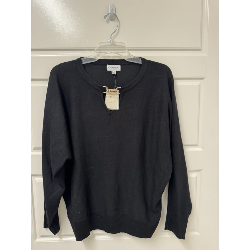Carmen Marc Valvo XL Black Gold Jeweled Buckle Knit Sweater CV200536 NWT